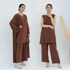 Dubai Women Solid Color 3pcs Set Muslim Cardigan Kimono Tops Pants Outfits Abaya