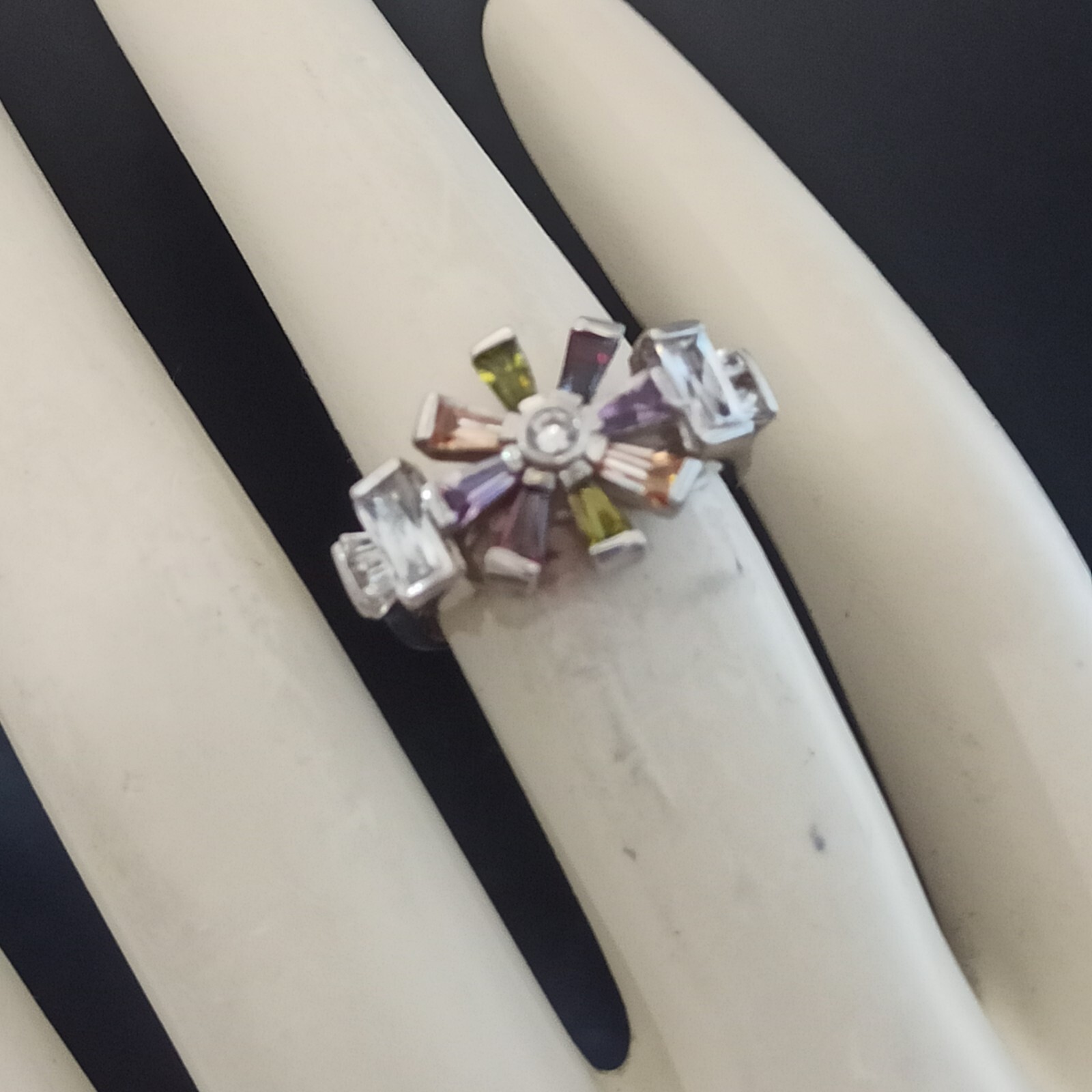Silver Ring Multicolor Flower Crystals Stone Vint… - image 13