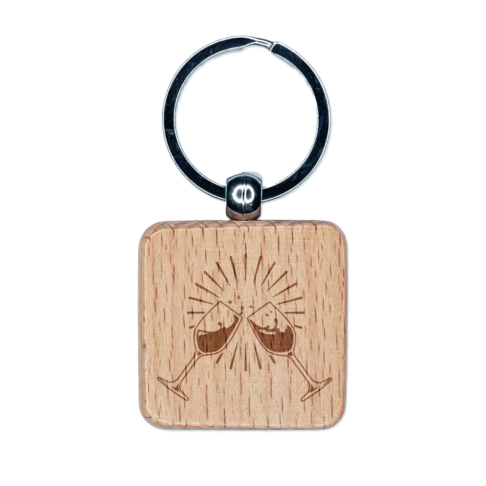 Wine Glasses Toasting Engraved Wood Square Keychain Tag Charm