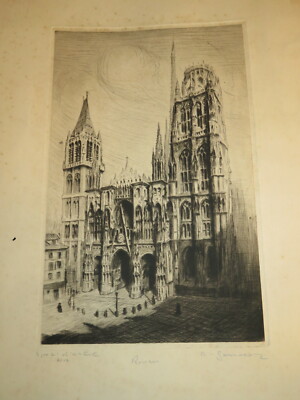 A. SANDOZ (XX) GRANDE EAU FORTE ANIMEE CATHEDRAL ROUEN NORMANDY SIGNED 1930