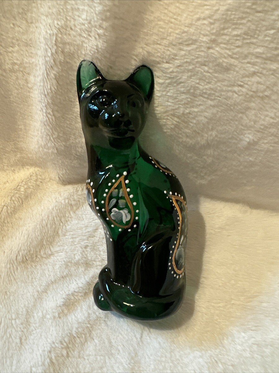 Fenton Emerald Green Cat Glass Hand Painted Floral Dots Figurine