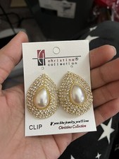 Clip On Stud Pearl Earrings Cream Gold Clear Crystal Rhinestone Earrings Big