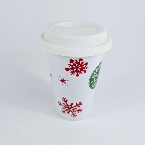 Bicchiere da viaggio Starbucks caffè ceramica 2010 rosso fiocco di neve con coperchio - Foto 5 di 8