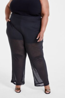 Nina Parker Women Trendy Printed Mesh Pants Black Plus Size 2X