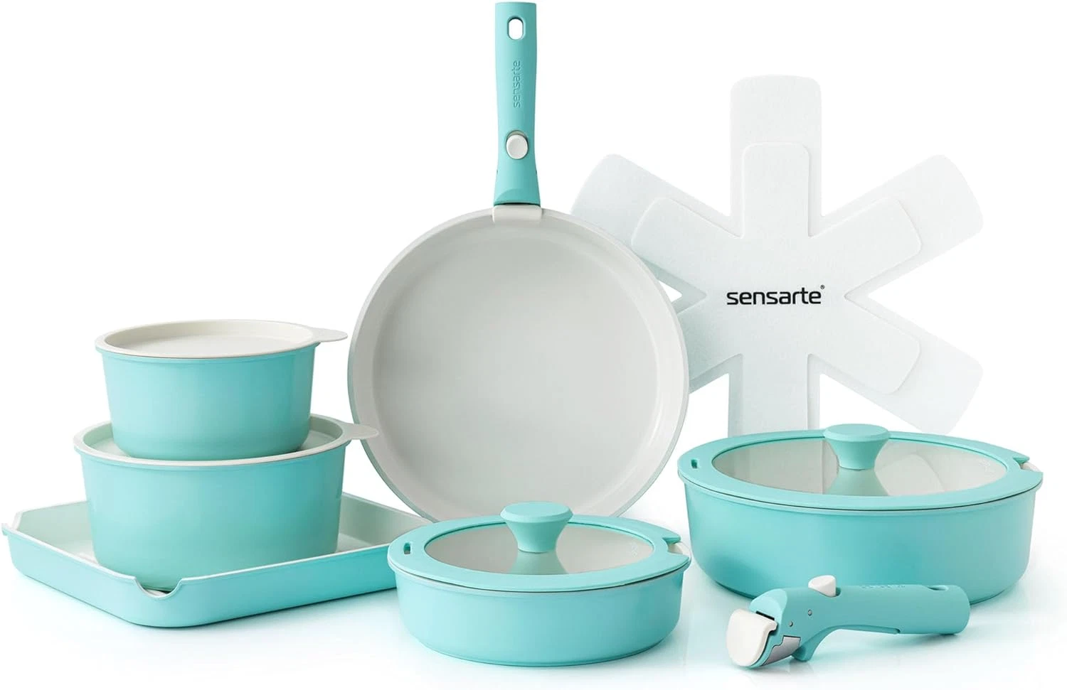 17-Piece Nonstick Ceramic Cookware Set with Removable Handles - Turquoise