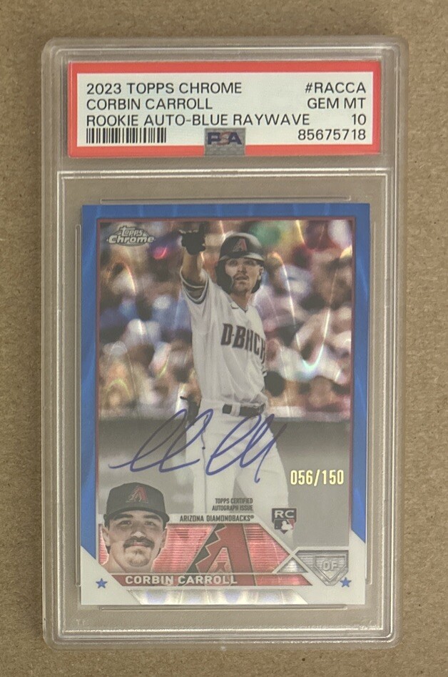 2023 Topps Chrome Corbin Carroll Blue Raywave Rookie Auto Card PSA 10 #’d /150