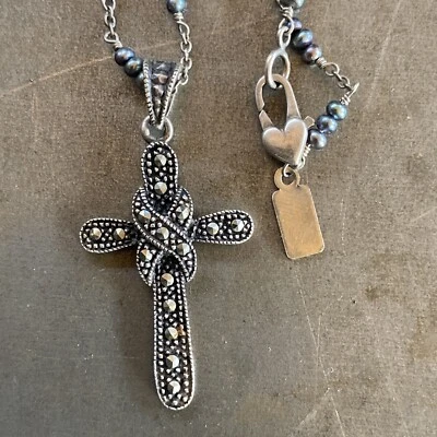 Sterling Silver And Marcasite Cross And Bow Pendant On Beaded Necklace - Image 1 of 4