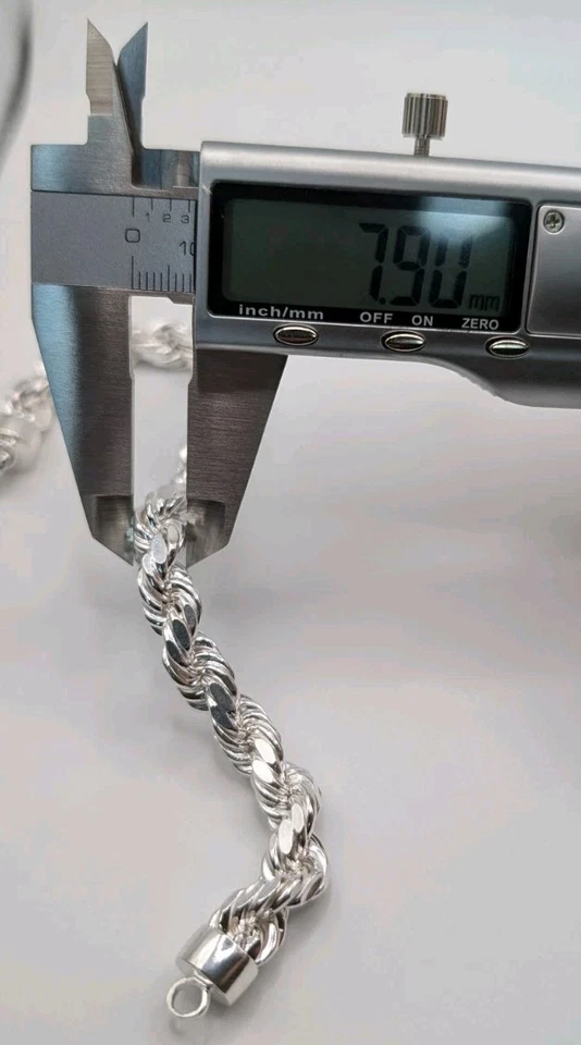 Brazalete grueso de cadena de cuerda de plata de ley 925 de 7,9 mm 8" 27,5 gramos Foto 3 de 4