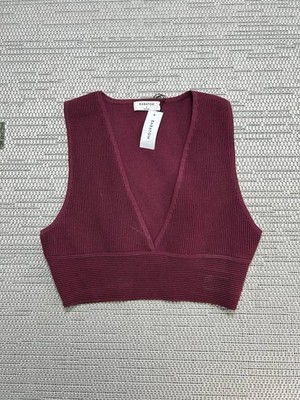 Aritzia Babaton Cropped Sculpt Knit Deep V Tank Top Women Large Red Nylon Ribbed