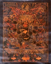SIX ARMED MAHAKALA PROTECTOR ORIGINAL TIBETAN THANGKA PAINTING- OIL VARNISHED