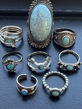 Job Lot 8 Vintage Bohemian Faux Turquoise Rings Alloy Heavily Damaged As Is
