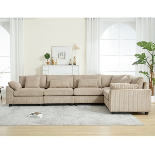 Oversized Modular Sectional Sofa, Brown Corduroy, 5-Seater for Living Room Beige - Picture 2 of 20