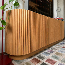Mid-Century Modern Fluted Natural TV Stand Curved Media Console Table Sideboard