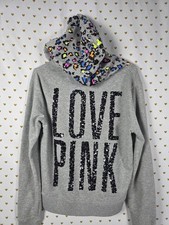 Victoria's Secret PINK Rare LIMITED Sequin Leopard Love Pink Zip Hoodie Gray M