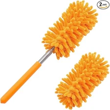 Telescopic cleaning microfiber duster with 2 replaceable microfiber heads，Orange