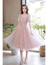 Pink Evening Dresses Short Sweetheart Neck Sequined Lace Tulle Women Dresses