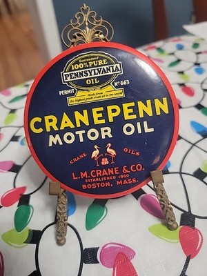 Scarce Cranepenn  Crane Penn Motor Oil Antique Advertising Pocket Mirror Gas Oil