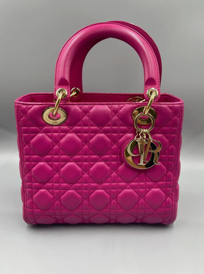 Pre-Owned Christian Dior Cannage Medium Lambskin Leather Lady Dior Bag Fuchsia 