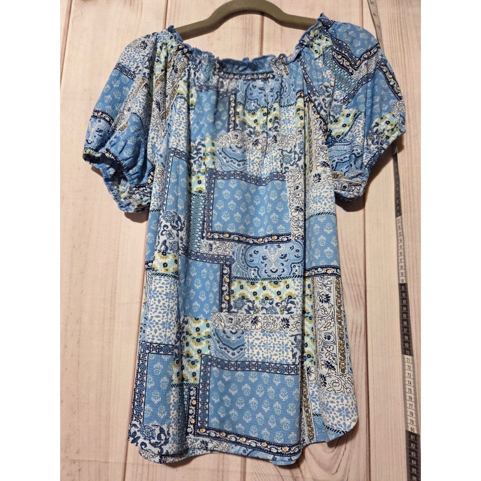 Chenault Blue Patchwork Print Off The Shoulder Ti… - image 2