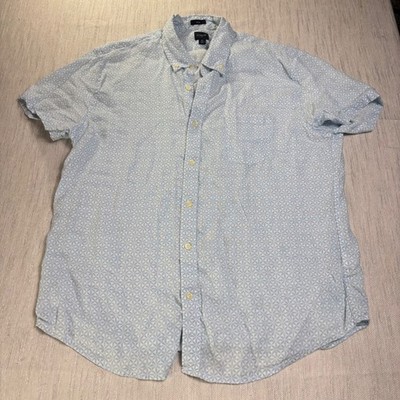 J.Crew Mens XL Slim Fit Linen Cotton Short Sleeve Button Down Blue Geometric