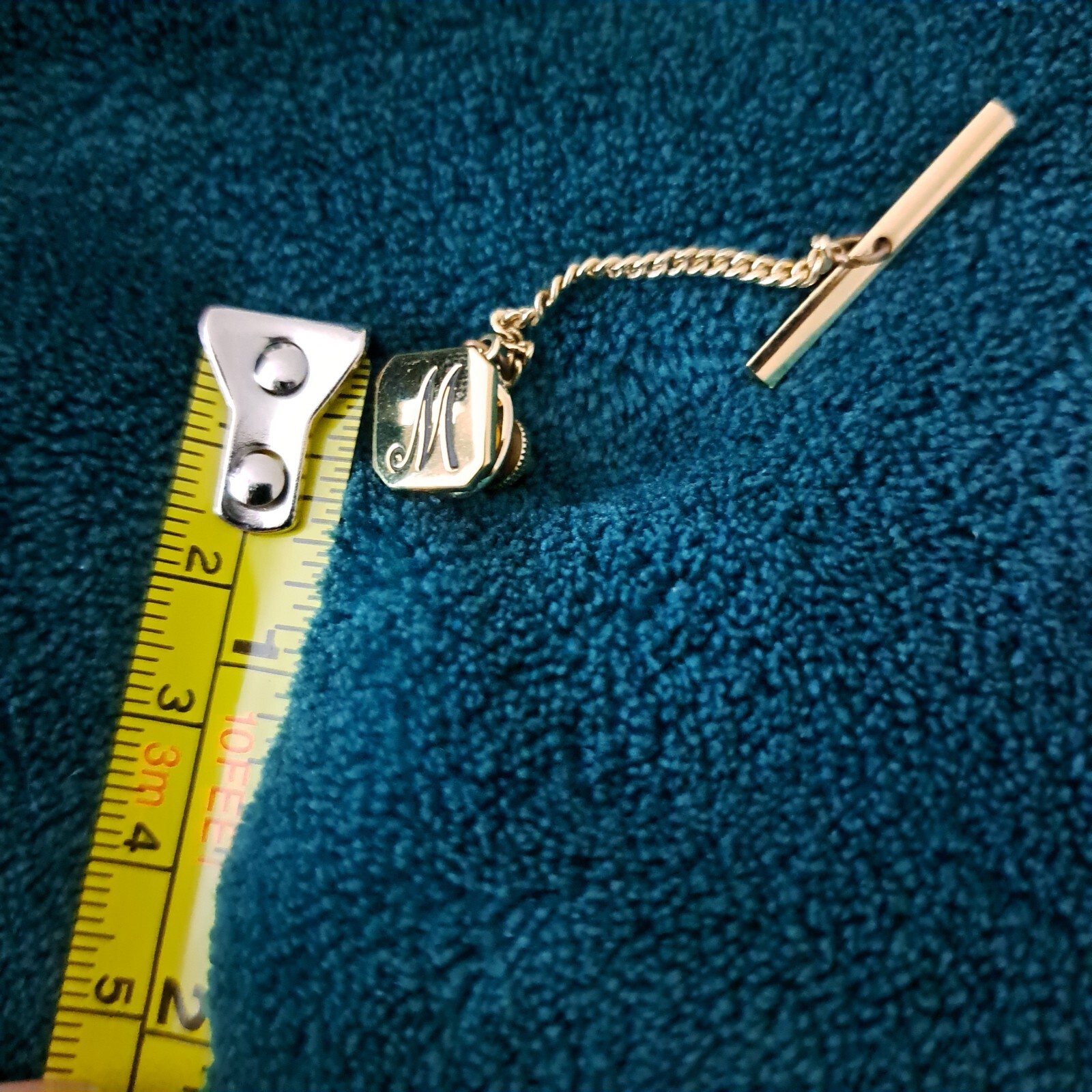 Pin Tie Tack With Chain Initial M  in Black  Goldtone Under $20