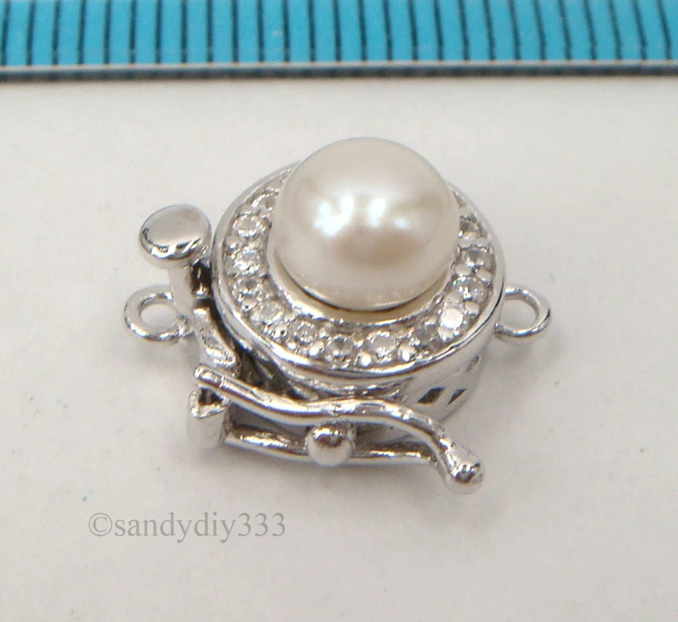 1x PLATA ESTERLINA CIRCONITA CÚBICA PERLA DE AGUA DULCE 1 hebra broche de caja #2412 Foto 2 de 4