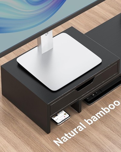Ergonomic Dual Monitor Riser with Storage Drawers - No Assembly, Black Bamboo - Picture 4 of 9
