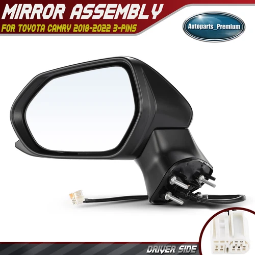 Left Driver Black Powered Mirror w/3 Pin for Toyota Camry 2018-2022 Manual Fold