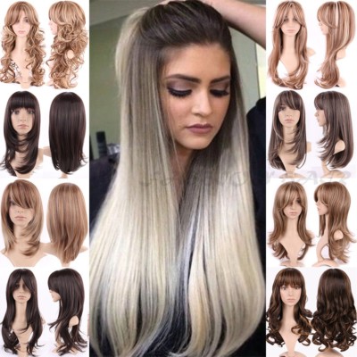 Lady Two Tone Ombre Full Wigs Long Straight Wavy Heat Resistant Hair Wig Cosplay