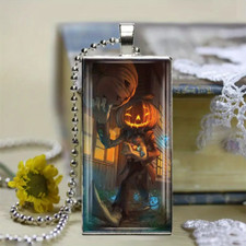 Pumpkin Head Rectangle Gothic Jewelry Scarecrow Metal Glass Pendant Necklace