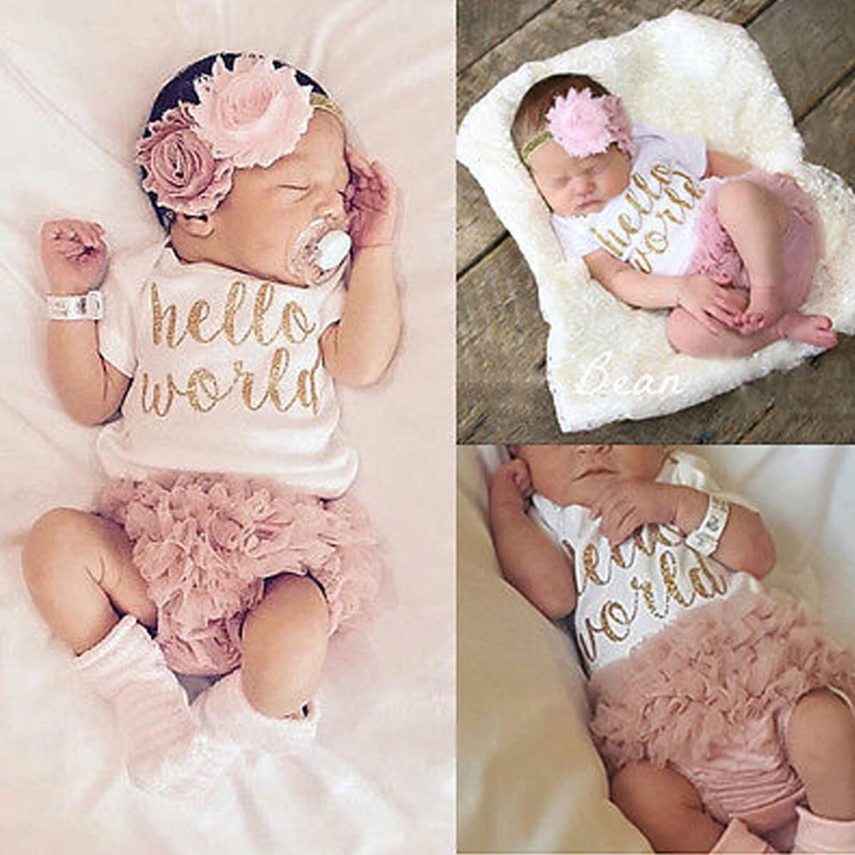 Newborn 3 PCS Baby Girl Hello World Romper Jumpsuit Shorts Pants