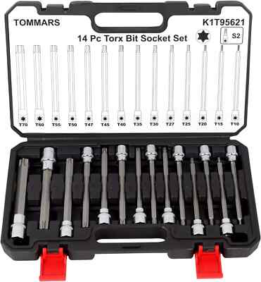 TOMMARS 14-PC Long Torx Bit Socket Set, S2 Alloy Steel Star Socket Set T10-T70