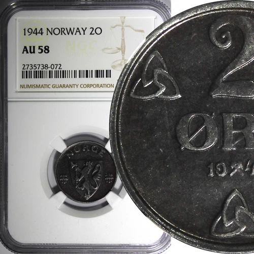 Norway Haakon VII Iron 1944 2 Ore NGC AU58 WWII Issue KM# 394 (072)