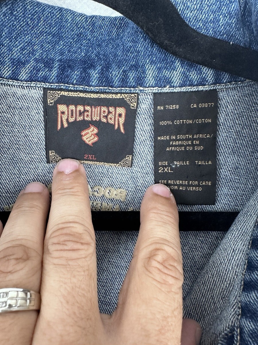 VINTAGE ROCAWEAR JEANS DENIM JACKET 2XL Y2K HIP HOP BAGGY VINTAGE ROCAWEAR JEANS DENIM JACKET 2XL Y2K HIP HOP BAGGY