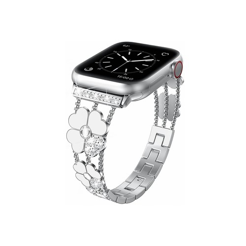 Worryfree Gadgets Bling Metal Wristband with White Flowers for Apple Watch