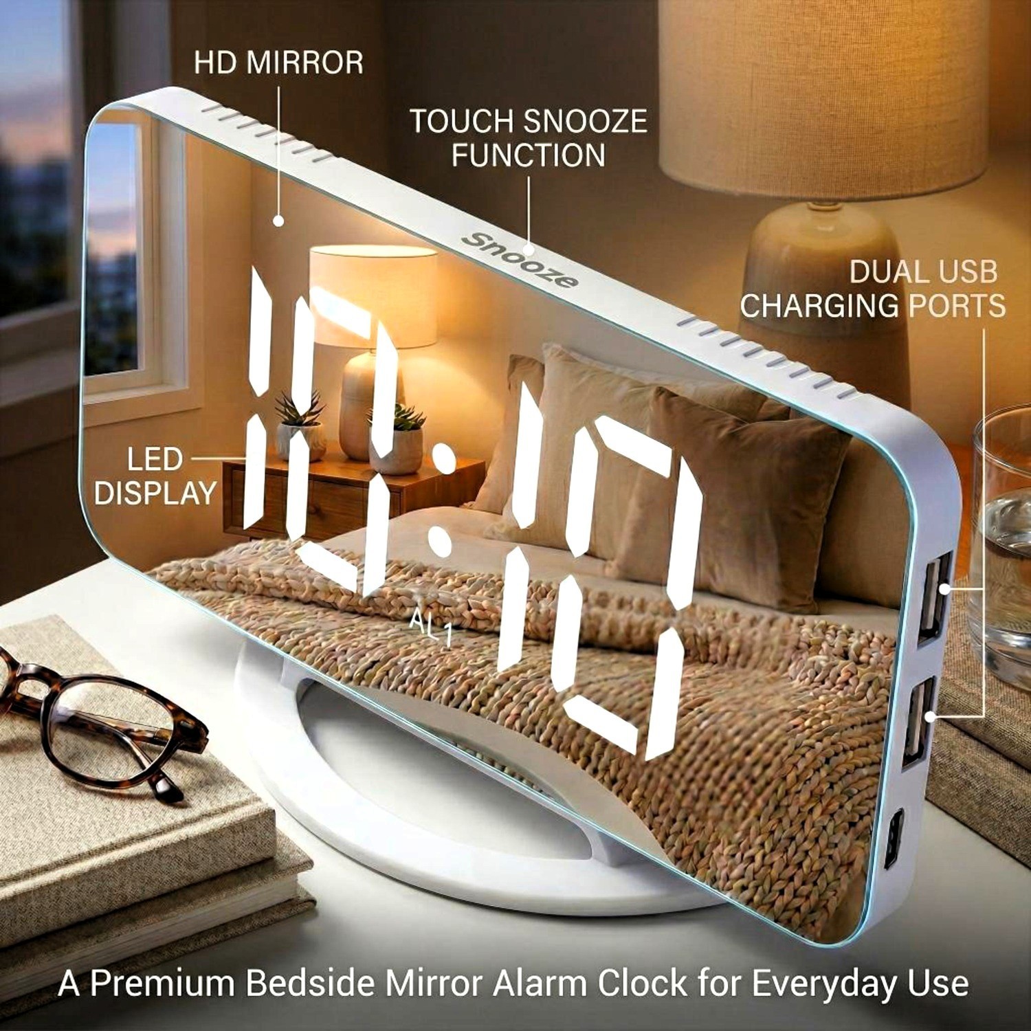 Mirror LED Alarm Clock Dual USB Charging Auto-Dimming Touch Snooze Type-C White