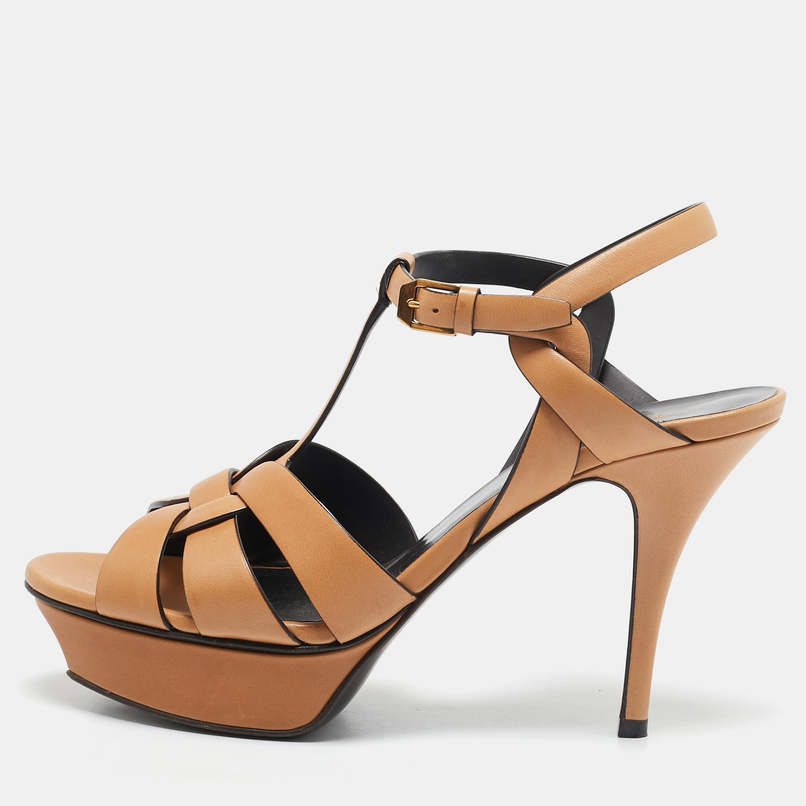 Saint Laurent Tan Leather Tribute Sandals EU 39.5 Luxury Designer Heels