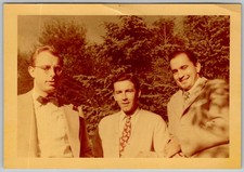Vtg Color Snapshot Three Men In Suits Ties And Cardigan Outdoors Trees 1960s