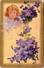 Vintage Embossed Violets Postcard Girl Floral...