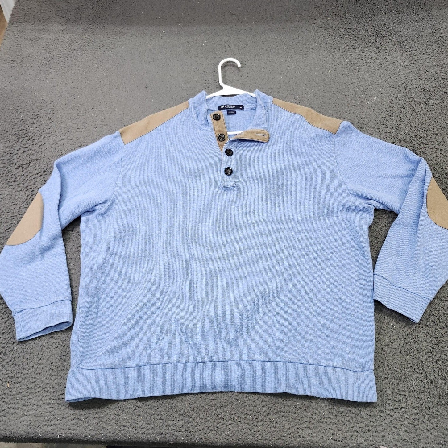 Cremieux Sweater Mens XL Blue Henley Mock Neck Suede Elbow Patch Knit Pullover