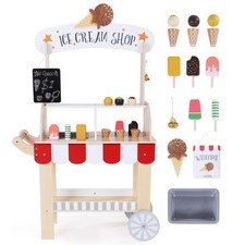 Wooden Ice Cream Cart for Kids, Toddler Ice Cream Truck Pull-Along Pretend Pl...