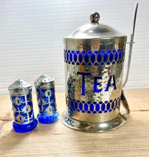 Vintage Silver Plate Tea Caddy with Blue Plastic Liner – Decorative Storage Jar