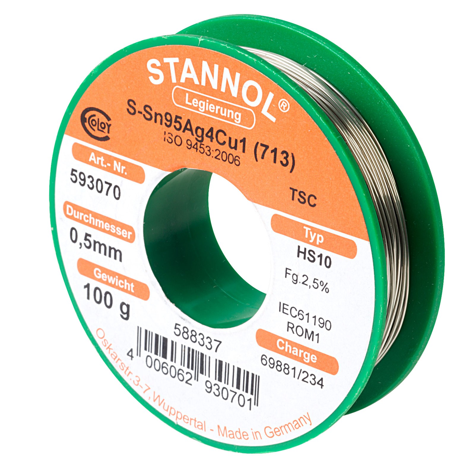 Stannol Solder Wire HS10 Sn95.5AG3.8Cu0.7 0.5mm 100g