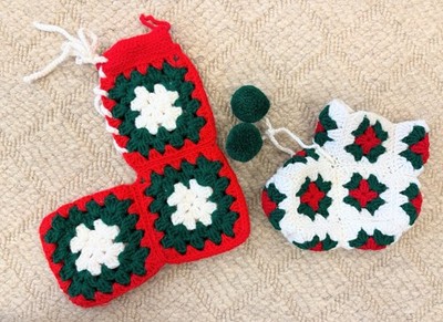 2 vintage hand crochet granny square christmas stockings