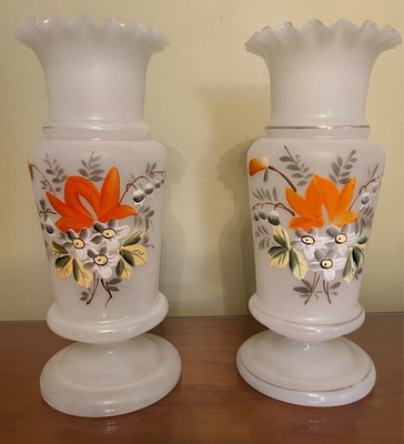 Pair of Antique Hand Painted Milk Glass Vases Orange Floral 10  Victorian