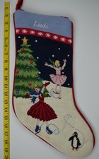 LANDS END Ice Skaters Wool Needlepoint Christmas Stocking Monogrammed LINDS