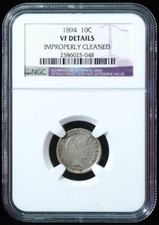 1894 Barber Dime NGC VF Details Cleaned