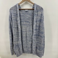 Sigrid Olsen Hooded Open Knit Cardigan Large Blue Linen Blend Beach Resort