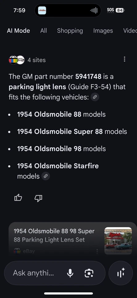 Nuevo OEM 5941748 GM 1954 Oldsmobile Super 88 98 NOS LENTE LÁMPARA ESTACIONAMIENTO IZQUIERDA DERECHA Foto 2 de 4