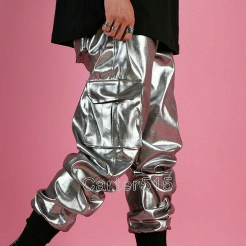 Men Shiny Silver Faux Leather Hip Hop 